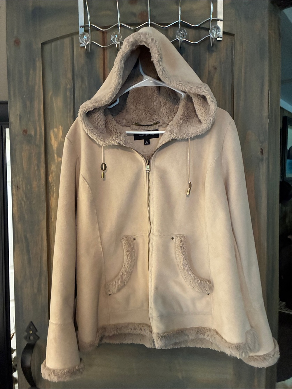 Jones New York Faux Shearling Hooded Coat - Cream